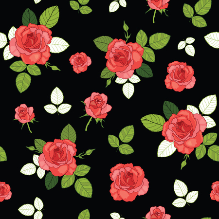 Vector vintage red roses and leaves on black background seamless repeat pattern.のイラスト素材