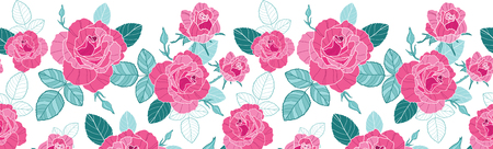 Vector vintage pink roses and blue leaves on white background horizontal seamless repeat pattern border.のイラスト素材