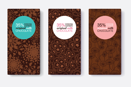 Vector Set Of Chocolate Bar Package Designs With Modern Brown Floral Patterns.のイラスト素材