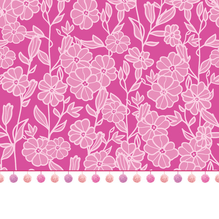 Vector pompom border trim on pink flowers seamless repeat pattern design background print. Perfect for clothing, fabric, home decor, wrapping projects.のイラスト素材
