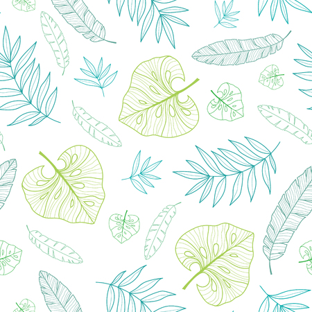 Vector tropical drawing summer hawaiian seamless pattern with tropical green plants and leaves on navy blue background. Great for vacation themed fabric, wallpaper, packaging.のイラスト素材