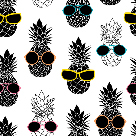 Vector pineapples wearing colorful sunglasses summer vacation tropical seamless pattern. Great for vacation themed fabric, wallpaper, packaging.のイラスト素材