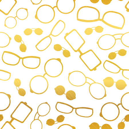 Vector white and gold glasses accessories seamless pattern. Great for eyewear themed fabric, wallpaper, packaging. Surface pattern design.のイラスト素材