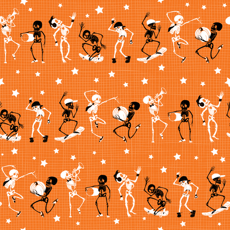 Vector orange, black dancing and skateboarding skeletons Haloween mesh fabric repeat pattern background. Great for spooky fun party themed fabric, gifts, giftwrap.のイラスト素材