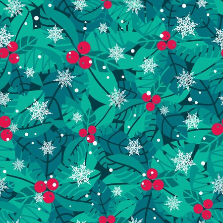 Vector blue, red, white holly berries and snowflakes holiday seamless pattern background. Great for winter themed packaging, giftwrap, gifts projects. Surface pattern print design.のイラスト素材