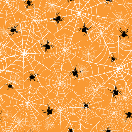 Vector orange spiderweb with black spiders Halloween seamless repeat pattern background. Great for spooky fabric, wallpaper, giftwrap, packaging projects. Textile design.のイラスト素材