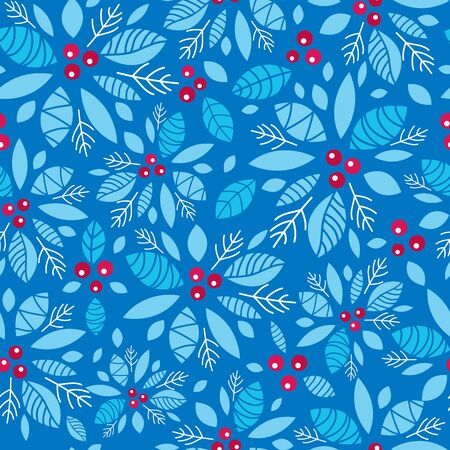 Vector holly berry blue, red holiday seamless pattern background. Great for winter themed packaging, giftwrap, gifts projects. Surface pattern print design.のイラスト素材