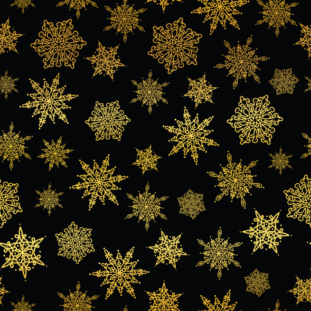 A Vector golden and black snowflakes seamless repeated pattern background. Great for winter holiday fabric, gift wrap, packaging, covers, invitations.のイラスト素材
