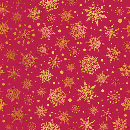 A Vector golden and red snowflakes seamless repeat pattern background. Great for winter holiday fabric, gift wrap, packaging, covers, invitations.のイラスト素材