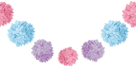 Vector Pastel Colorful Birthday Party Paper Pom Poms Set Horizontal Seamless Repeat Border Pattern. Great for handmade cards, invitations, wallpaper, packaging, nursery designs. Party decor.のイラスト素材