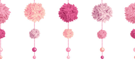 Vector Dangling Pink Birthday Party Paper Pom Poms and Beads Set Horizontal Seamless Repeat Border Pattern. Great for handmade cards, invitations, wallpaper, packaging, nursery designs.のイラスト素材
