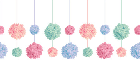 Vector Set of Hanging Pastel Colorful Birthday Party Paper Pom Poms Set Horizontal Seamless Repeat Border Pattern. Great for handmade cards, invitations, wallpaper, packaging, nursery designs.のイラスト素材