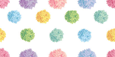Vector Cute Pastel Colorful Birthday Party Paper Pom Poms Set Horizontal Seamless Repeat Border Pattern. Great for handmade cards, invitations, wallpaper, packaging, nursery designs.のイラスト素材