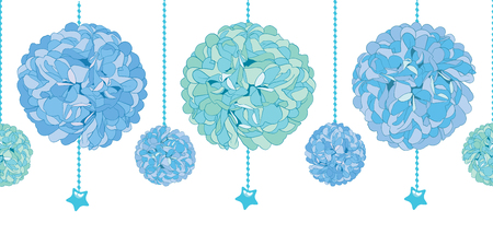 Vector Set of Hanging Blue Bay Boy Birthday Party Paper Pom Poms and Beads Set Horizontal Seamless Repeat Border Pattern. Great for handmade cards, invitations, wallpaper, packaging, nursery designs.のイラスト素材