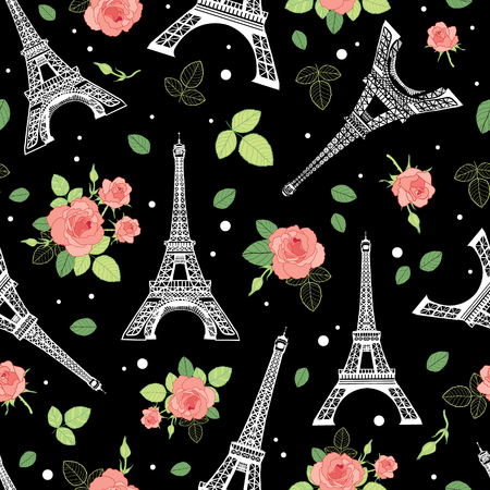 Vector Black Pink Eifel Tower Paris and Roses Flowers Seamless Repeat Pattern Surrounded By St Valentines Day Hearts Of Love. Perfect for travel themed postcards, greeting cards, wedding invitations.のイラスト素材