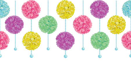 Vector Party Set of Hanging Pastel Colorful Birthday Party Paper Pom Poms and Beads Horizontal Seamless Repeat Border Pattern. Great for handmade cards, invitations, wallpaper, packaging, nursery designs.のイラスト素材