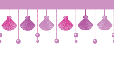 Fun pink of hanging pastel colorful birthday party paper tassel and beads horizontal seamless repeat border pattern. Great for handmade cards, invitations, wallpaper, packaging, nursery designs.のイラスト素材