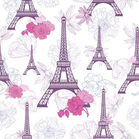 Vector Purple Pink Eifel Tower Paris and Roses Flowers Seamless Repeat Pattern. Perfect for travel themed postcards, greeting cards, wedding invitations.のイラスト素材