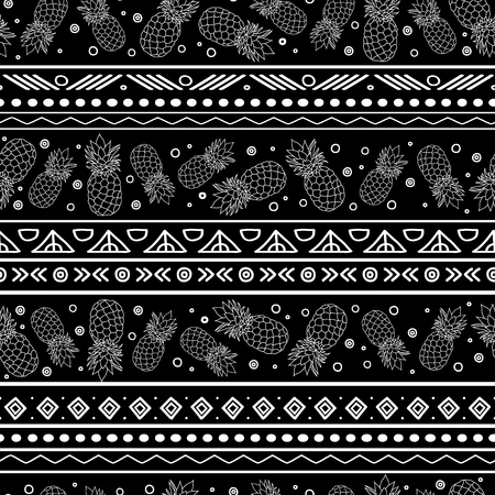 Vector black and white tribal pineapples stripes seamless pattern background. Great for fabric, wallpaper, invitations, scrapbooking. Surface pattern design.のイラスト素材