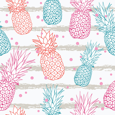 Vector pineapple on grunge stripes summer colorful tropical seamless pattern background.のイラスト素材