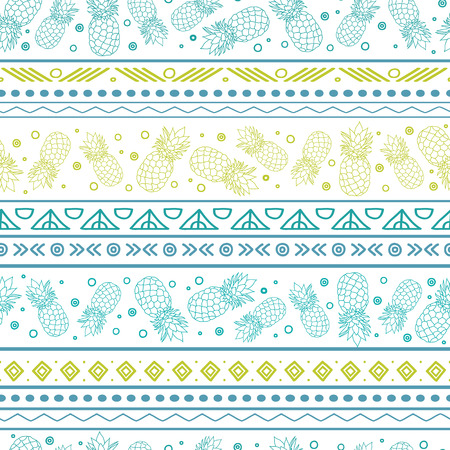 A Vector blue green tribal pineapples stripes seamless pattern background. Great for fabric, wallpaper, invitations, scrapbooking.のイラスト素材