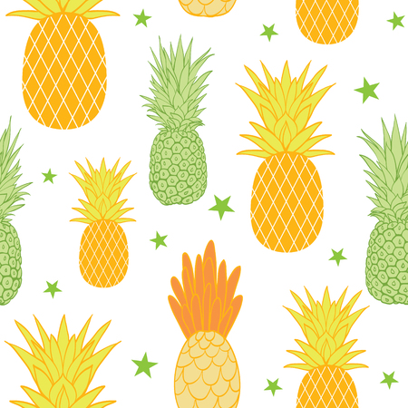 A Pineapples and stars vector background seamless repeat pattern. Summer colorful tropical textile print.のイラスト素材
