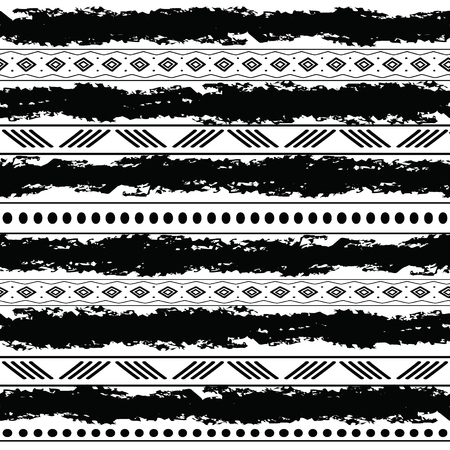 Black and white tribal vector seamless pattern with doodle elements. Aztec abstract geometric art print. Ethnic ornamental hand drawn backdrop.のイラスト素材