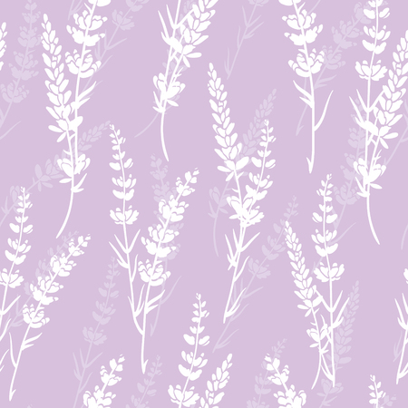 Vector lavender flowers light purple silhouettes seamless pattern. Beautiful violet lavender retro background. Elegant fabric on light backgroundのイラスト素材