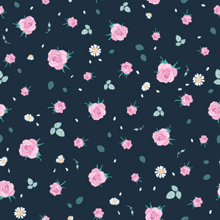 Pink roses ditsy vintage seamless pattern. Great for retro summer fabric, scrapbooking, giftwrap, and wallpaper design projects. Surface pattern design.の写真素材