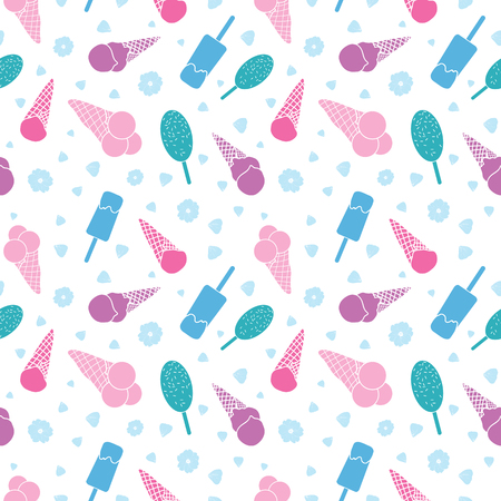 Pink blue ice cream and flowers seamless pattern. Great for yummy summer dessert wallpaper, backgrounds, packaging, fabric, scrapbooking, and giftwrap projects. Surface pattern design.の写真素材