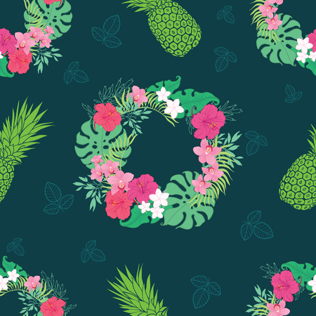 Tropical orchid hibiscus flowers wreath pattern. Great for summer exotic wallpaper, backgrounds, packaging, fabric, and giftwrap projects. Surface pattern design.の写真素材