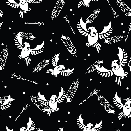 Tribal arrows birds black white seamless pattern. Great for folk modern wallpaper, backgrounds, invitations, packaging design projects. Surface pattern design.の写真素材