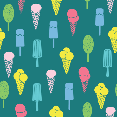 Colorful ice cream and stars seamless pattern. Great for yummy summer dessert wallpaper, backgrounds, packaging, fabric, scrapbooking, and giftwrap projects. Surface pattern design.の写真素材