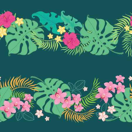 Tropical flowers seamless horizontal border. Great for summer exotic wallpaper, backgrounds, packaging, fabric, and giftwrap projects. Surface pattern design.の写真素材