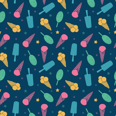 Dark blue ice cream and candy seamless pattern. Great for yummy summer dessert wallpaper, backgrounds, packaging, fabric, scrapbooking, and giftwrap projects. Surface pattern design.のイラスト素材