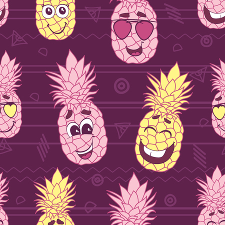 Smiling pineapple faces seamless repeat pattern. Great for tropical summer theme wallpaper, backgrounds, packaging, fabric, scrapbooking, and giftwrap projects. Surface pattern design.のイラスト素材