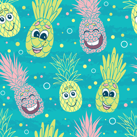 Happy pineapple faces seamless repeat pattern. Great for tropical summer theme wallpaper, backgrounds, packaging, fabric, scrapbooking, and giftwrap projects. Surface pattern design.の写真素材