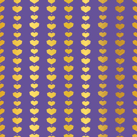 Golden purple geometric hearts seamless pattern. Great for Valentines Day holiday cards, backgrounds, invitations, packaging design projects. Surface pattern design.の写真素材