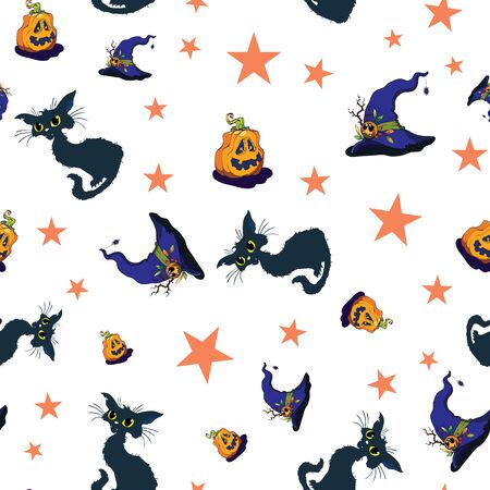 Fun halloween cats and pumpkins repeat pattern.のイラスト素材