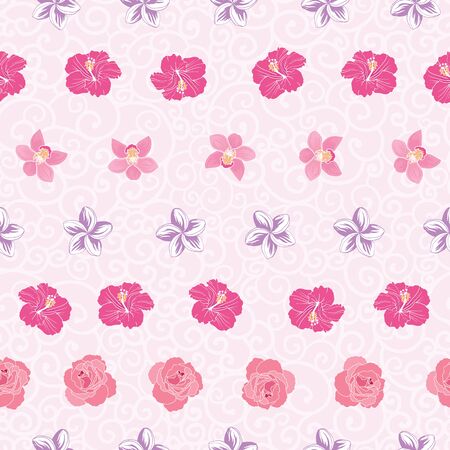 Pink tropical flowers stripes repeat pattern printのイラスト素材