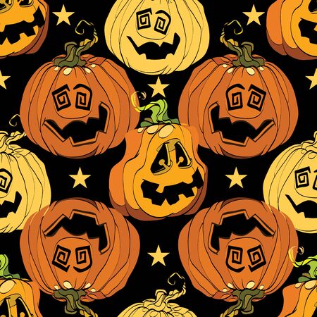 Orange Halloween pumpkins smiling repeat pattern.のイラスト素材