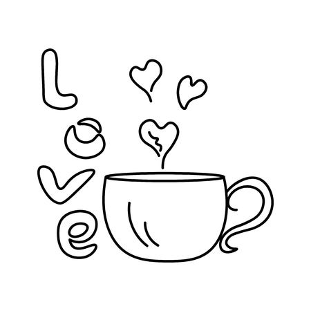 A Cup of steam in the form of hearts. Inscription love on a white background. And outlined in black.のイラスト素材