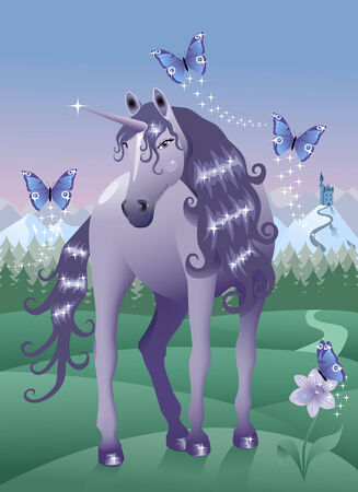 Violet Unicorn with butterflies in a Fairy Landのイラスト素材