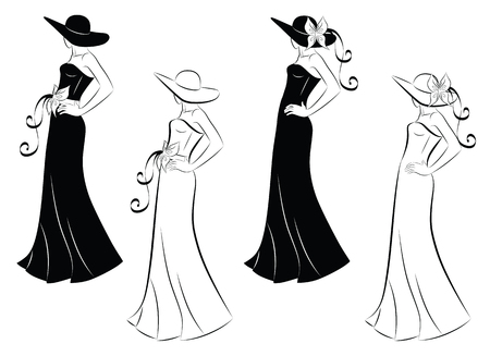 Black and white outline and silhouette of a woman in a long dress and a hat, looking away from the camera.のイラスト素材