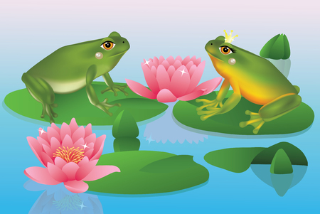 Two frogs sitting on a lake surrounded by water lillys.のイラスト素材