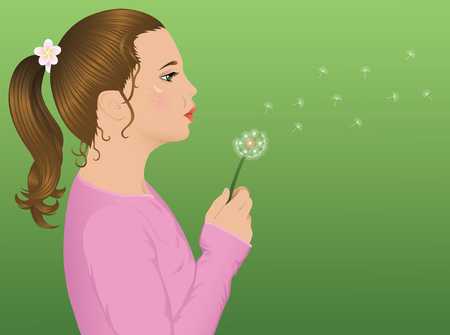 Young cute girl blowing a dandelion.のイラスト素材