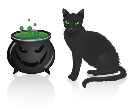 A dark cat sitting near a halloween pot.のイラスト素材