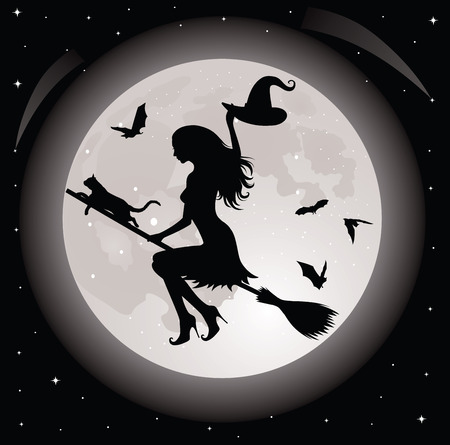 Silhouette of a witch and a cat flying on a broom. Full moon and bats on the background.のイラスト素材