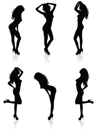 Collections of Vector silhouettes of a standing naked woman in sexual poses.のイラスト素材
