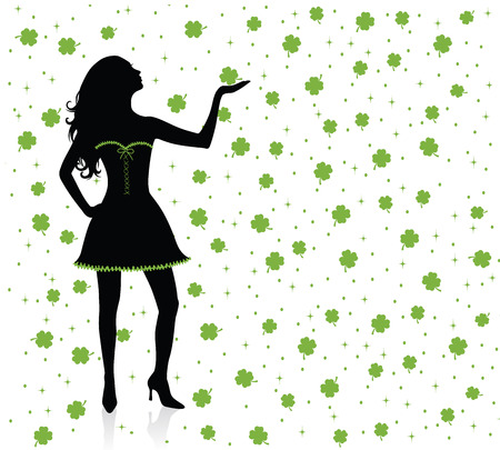 Silhouettes of irish woman standing under clover rain.のイラスト素材